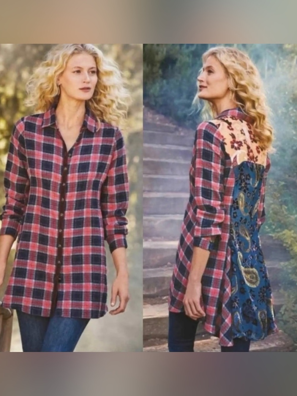 Soft Surroundings NWT Kensington Plaid Velvet Paisley Button Down Tunic